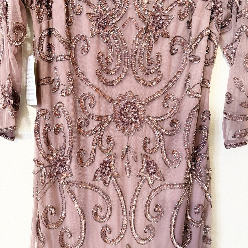 Pisarro Nights Beaded Illusion Neck Gown Mauve Tulle Flare Godet Hem Midi Size 6 - Picture 12 of 14